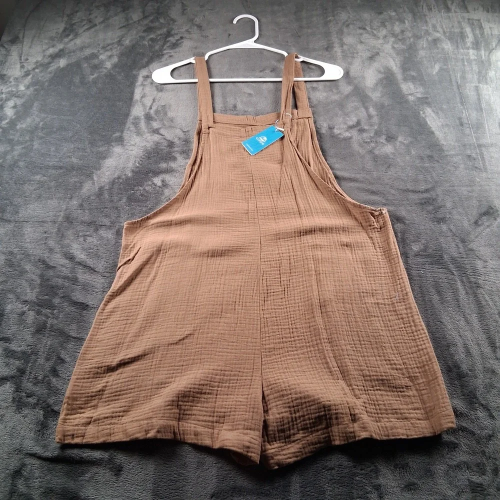 NWT CUPSHE Cotton Gauze Romper Womens Size Medium Brown Textured Pocket Jumpsuit - Picture 2 of 8